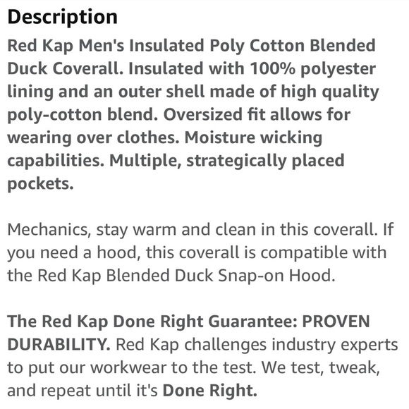 Red Kap Men's Insulated Blended Duck Coverall new - Picture 5 of 8